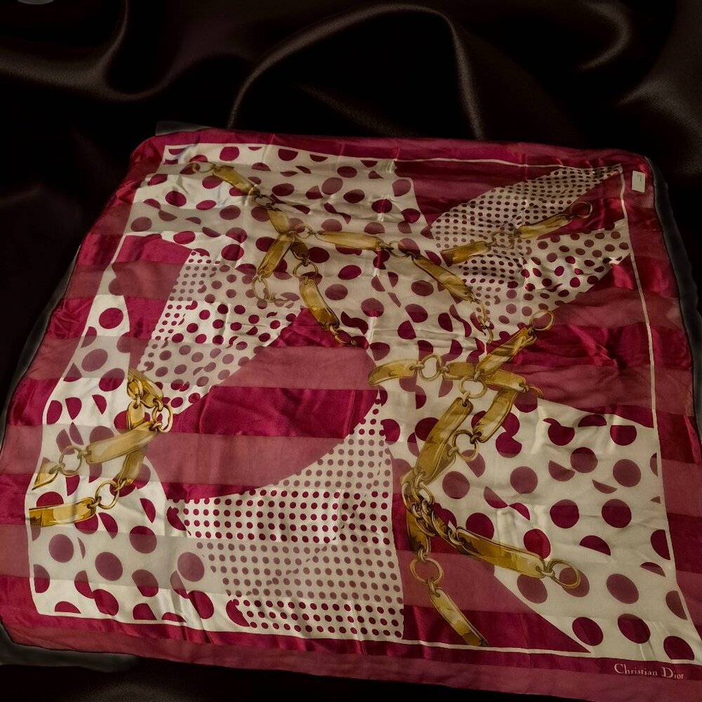 Vntage Christian Dior 100% Silk Scarf with polka dots and gold 14.5" x15.3